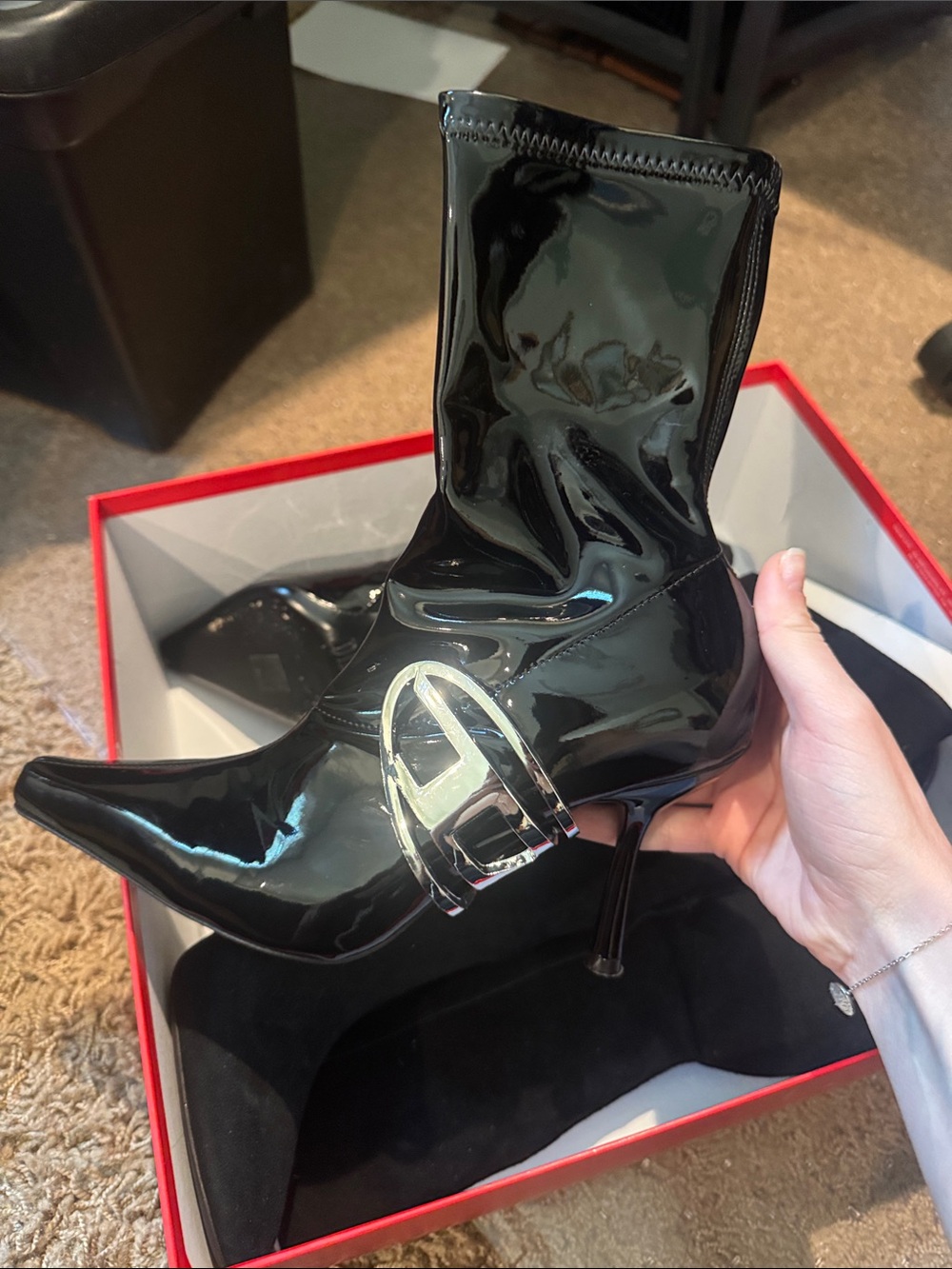 Diesel D-Eclipse Black Patent Pointed Stiletto Ankle Boot with Silver Logo